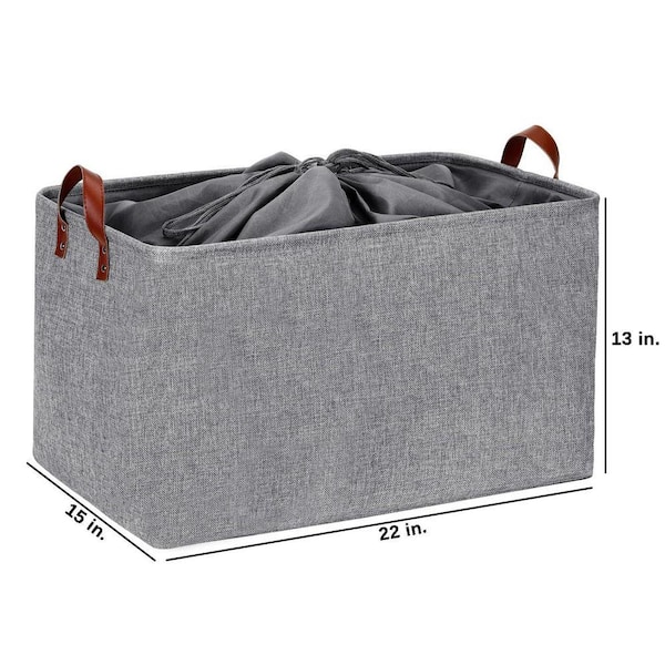 Gray 22 in. x 13 in. Linen Decorative Basket with PU Handles and