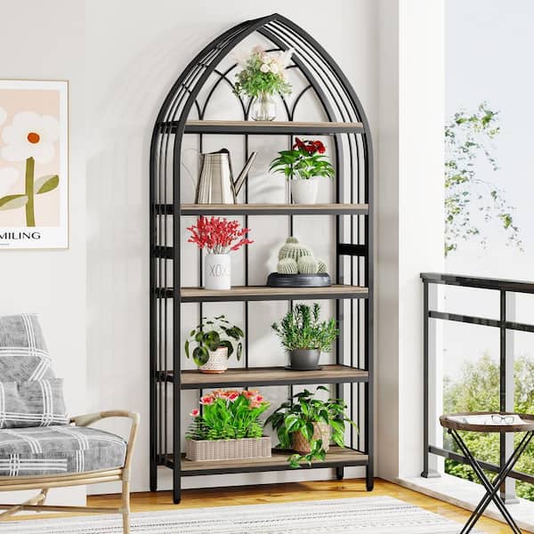 BYBLIGHT Eulas 74.8 in. Oak Wood 5-Shelf Etagere Bookcase with Boat Shape Top and Open Display Shelves for Home Decor