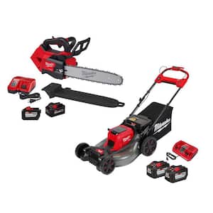 M18 FUEL 14 in. Top Handle 18V Lithium-Ion Brushless Cordless Chainsaw Kit w/21 in. Dual Battery Mower Kit, (4) Battery