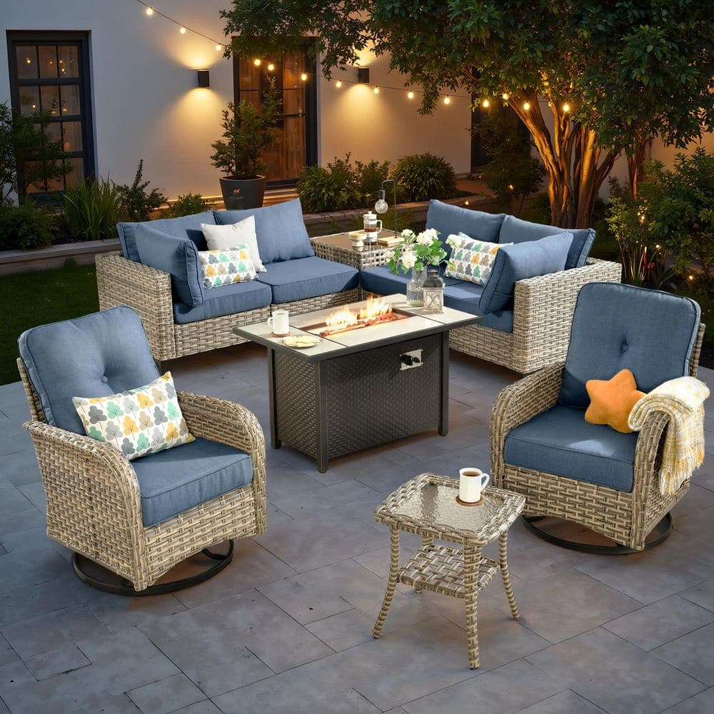 Melly Gray 9-Piece Wicker Rectangle Fire Pit Outdoor Sectional Set with Denim Blue Cushions and Solar LED Coffee Table price history on PriceWatchPro