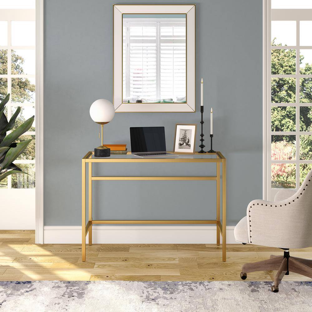 Sivil 42" Modern Brass Writing Desk with Tempered Glass Top