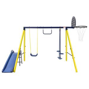 Outdoor Utility Metal 5 in 1 Swing Set with 2 Swing, 1 Horizontal Bar, 1 Slide Set and 1 Basketball Hoop