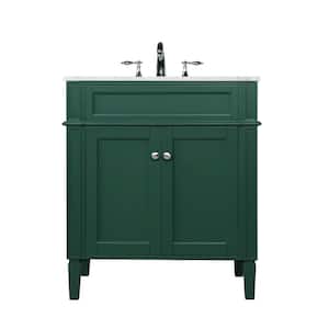 Timeless Home 30 in. W Single Bath Vanity in Green with Marble Vanity Top in Carrara with White Basin
