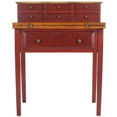 30 in. Rectangular Egyptian Red/Oak 7 Drawer Secretary Desk with Solid Wood Material