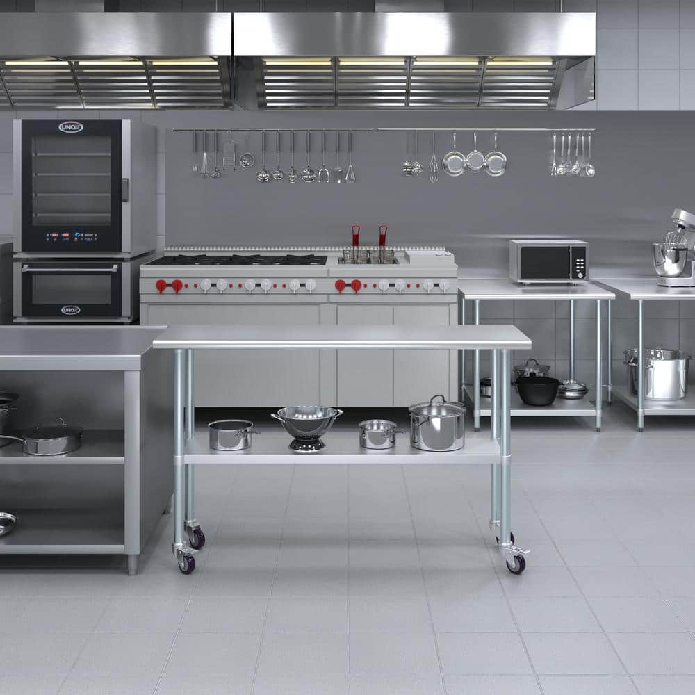 60" Stainless Steel Work Table with Galvanized Undershelf and Casters