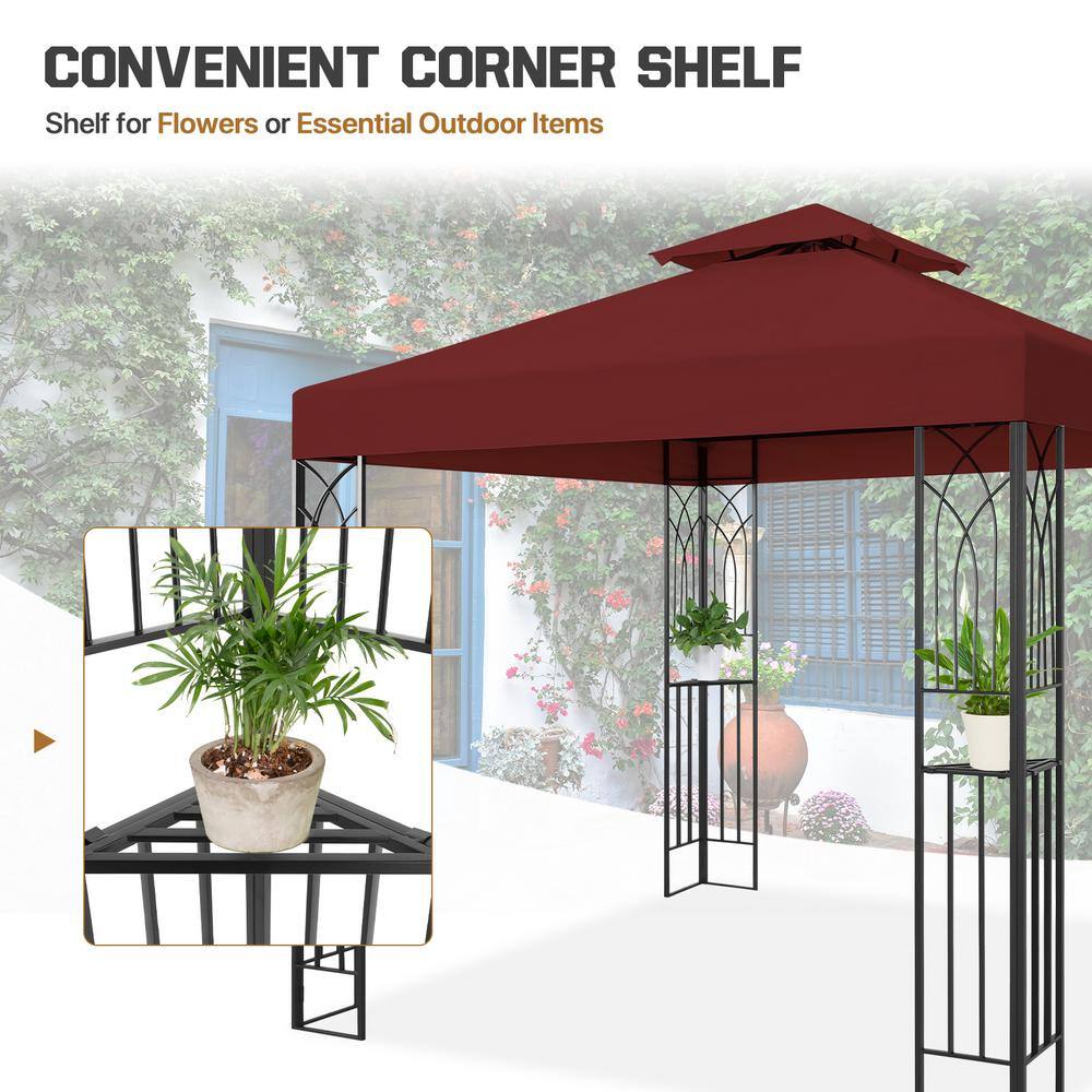 8x8 Red Metal Patio Gazebo with Corner Shelves