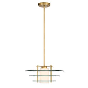 Newell 60-Watt 1-Light Warm Brass Pendant Light with Clear and White Opal Glass Shade, No Bulb Included