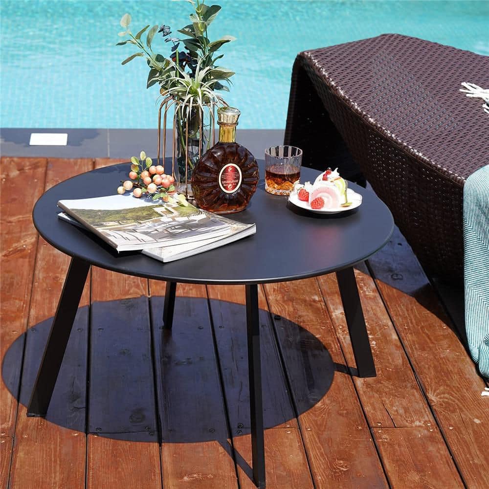 Black Round Steel Outdoor Coffee Table, Weather Resistant