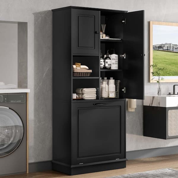 30 in. W x 14.2 in. D x 67.7 in. H Black Freestanding Linen Cabinet with Flip-Out Basket and Enclosed Cabinets