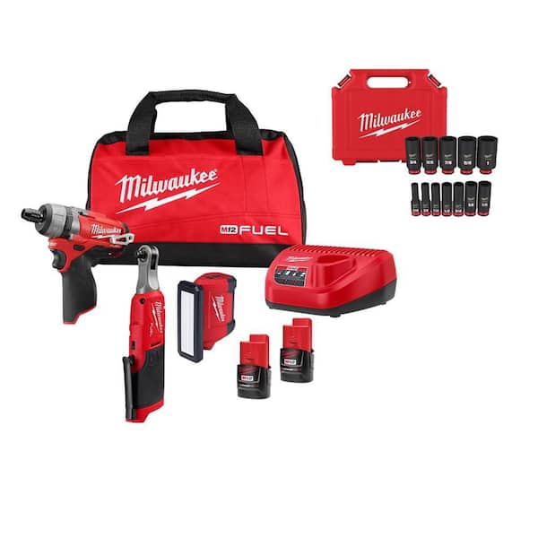 M12 12V Lithium-Ion Cordless Screwdriver, 3/8in. Ratchet, Light (3-pC Combo Kit) W/ 2 Batteries, Charger & Socket Set