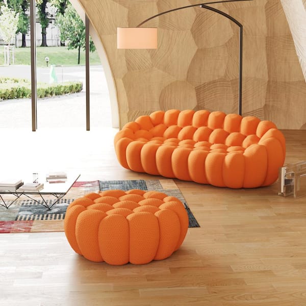 78 in. W Flared Arm 3D Knitted Polyester 2-Piece Curved Sectional Sofa in Orange with Ottoman