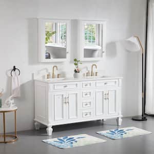 60 in. W x 22 in. D x 35 in. H Double Sink Freestanding Bathroom Vanity Medicine Cabinet in White with White Quartz Top