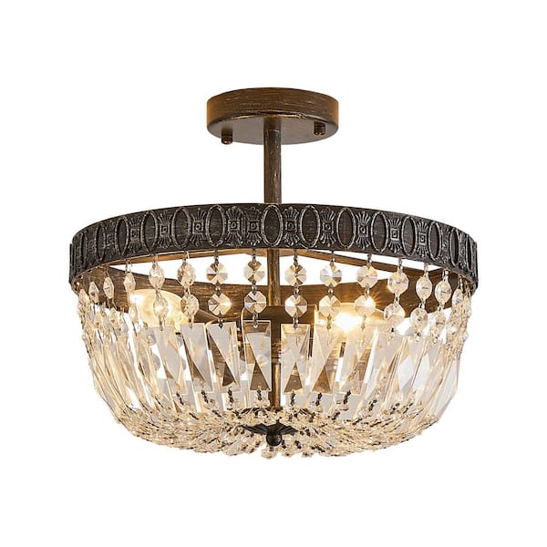 Flint Garden Modern 3-Light Black Semi Flush Mount Ceiling Light with Crystal Shade