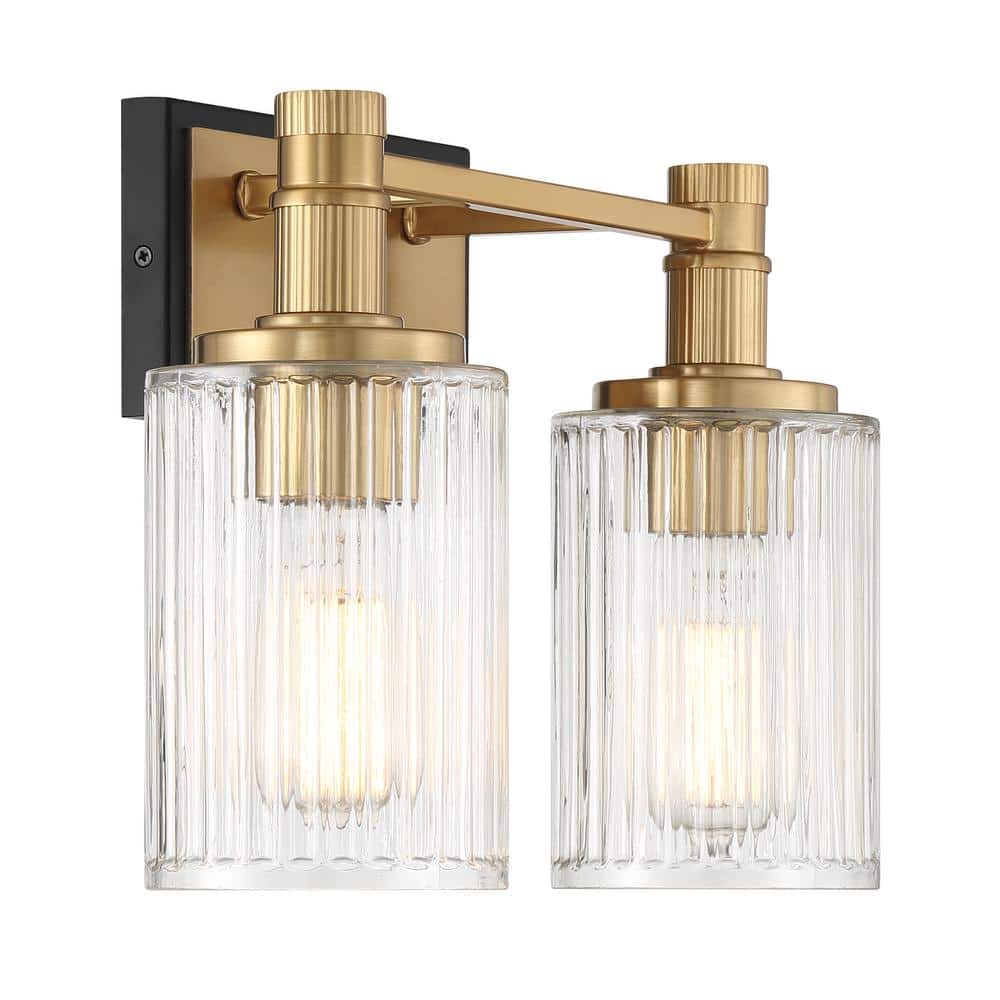 Matte Black and Warm Brass 2-Light Ribbed Glass Vanity Light