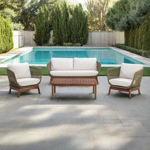 4 Piece Patio Sofa Set with Wood Base and Matching Table-Handwoven Rope Accents and Cushions in Natural Brown Finish