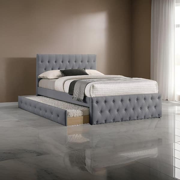 Benjara Nek Gray Wood Frame Full Size Platform Bed with Trundle Tufted