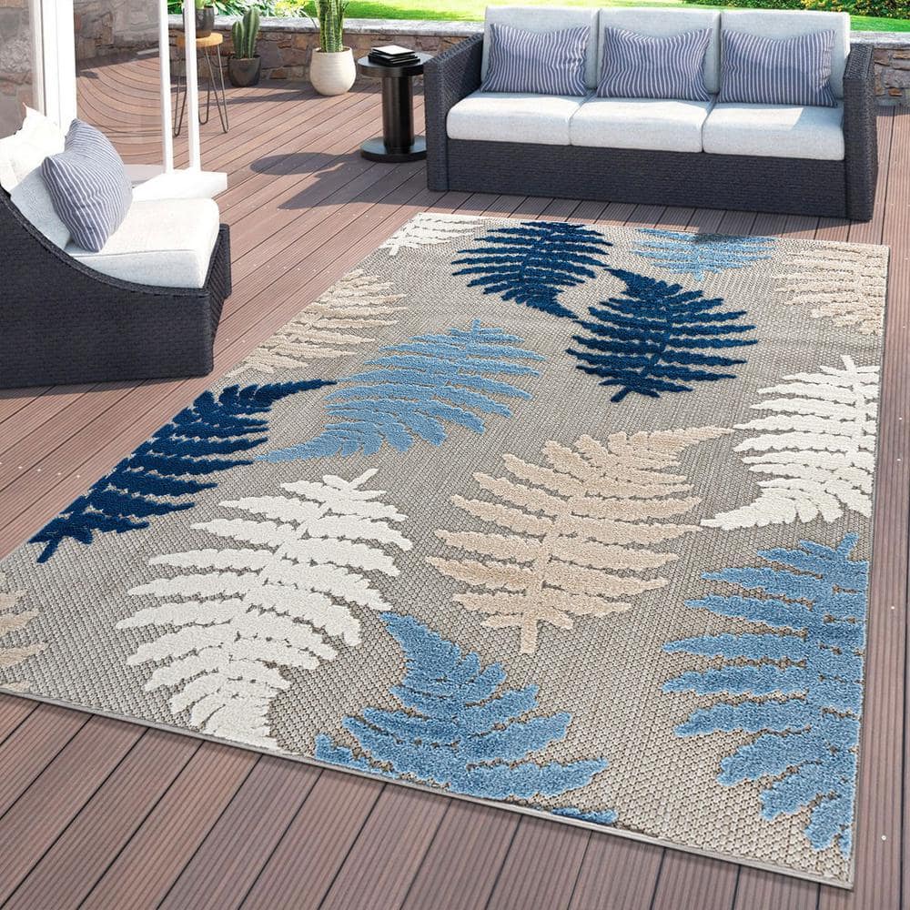 Seville Blue and Beige Floral Synthetic Indoor/Outdoor Rug