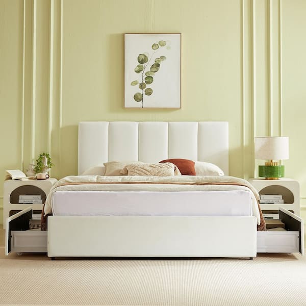 59.84 in. W White Non-Upholstered Metal Frame Queen European Style Headboard Canopy Bed