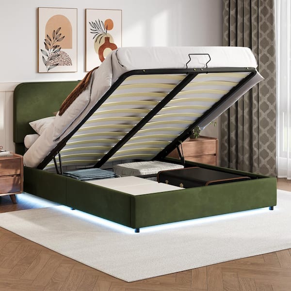 Harper & Bright Designs Green Wood Frame Queen Size Upholstered Platform Bed Hydraulic Storage Bed with RGB LED Light and Bluetooth Speaker