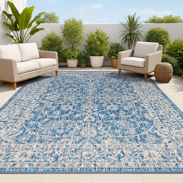 Palazzo Vine and Border Textured Weave Navy/Gray 3 ft. x 5 ft. Indoor/Outdoor Area Rug