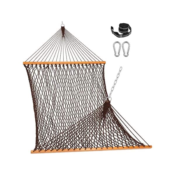 11 ft. Double Rope Hammock Bed Hammock with Spreader Bar, Carabiners, Tree Straps, Chains in Brown