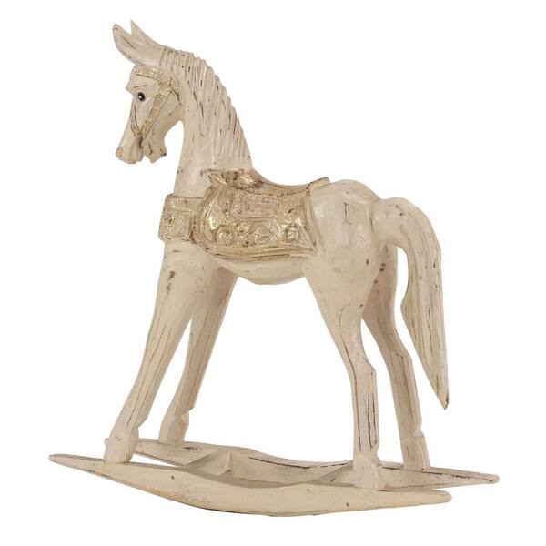 Vintage Style Beige and Metallic Gold Wooden Rocking Horse Sculpture 