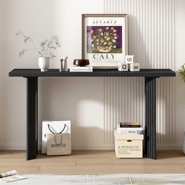 Polibi 59.2 in. Black Rectangle Wood Console Table with Distinctive Round Hollow Legs, Suitable for Foyer, Living Room
