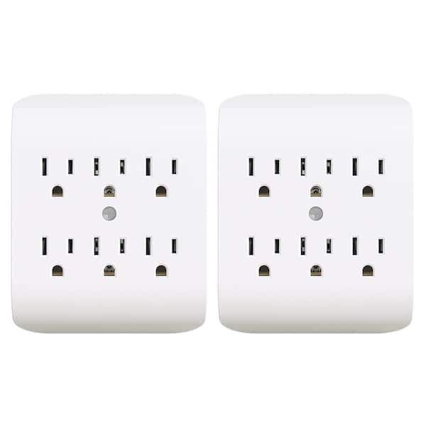 15Amp 125-Volt 6-Outlet Grounded Adapter Plug, White (2 Pack)