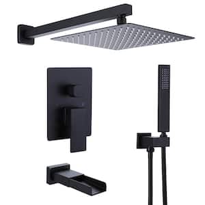Waterfall Spout Single Handle 3-Spray Square High Pressure Tub and Shower Faucet in Matte Black (Valve Included)