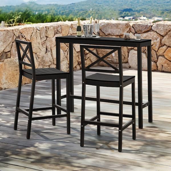 LUE BONA Humphrey 3 Piece 45 in. Black Aluminum Outdoor Patio Dining Set Pub Height Bar Table Plastic Top With Armless Bar Chairs
