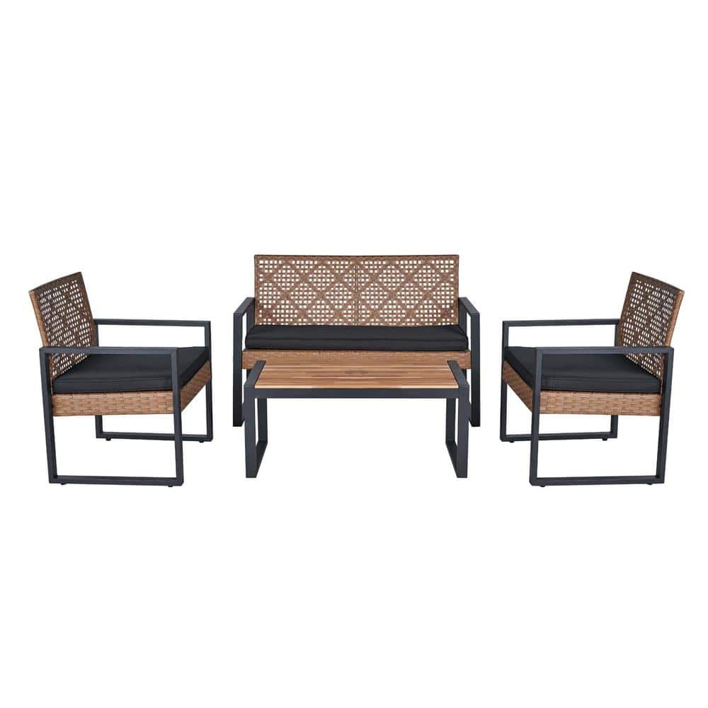4-Piece Light Brown Wicker Patio Outdoor Conversation Set with Black Cushio