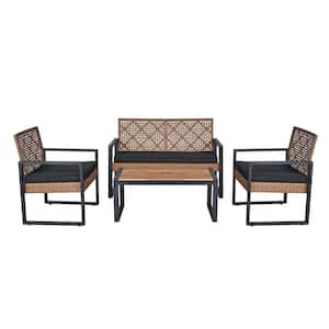 4-Piece Light Brown Wicker Patio Outdoor Conversation Set with Black Cushions, Acacia Wood Table Top for Balcony, Porch