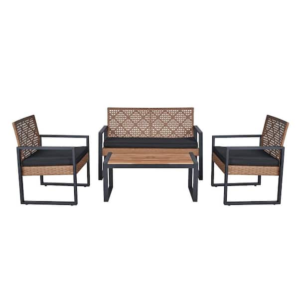Unbranded 4-Piece Light Brown Wicker Patio Outdoor Conversation Set with Black Cushions, Acacia Wood Table Top for Balcony, Porch