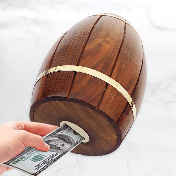 Vintiquewise Brown Large Wine Barrel Shaped Wooden Decorative Coin