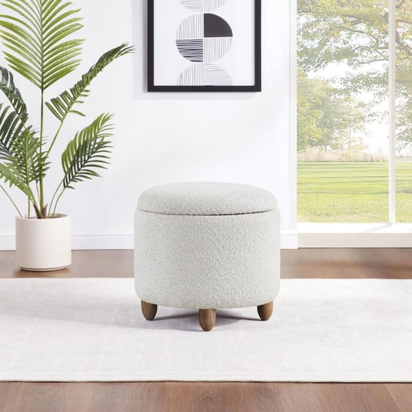 Lyra Storage Ottoman in Sherpa Parchment Fabric with Medium Oak Legs