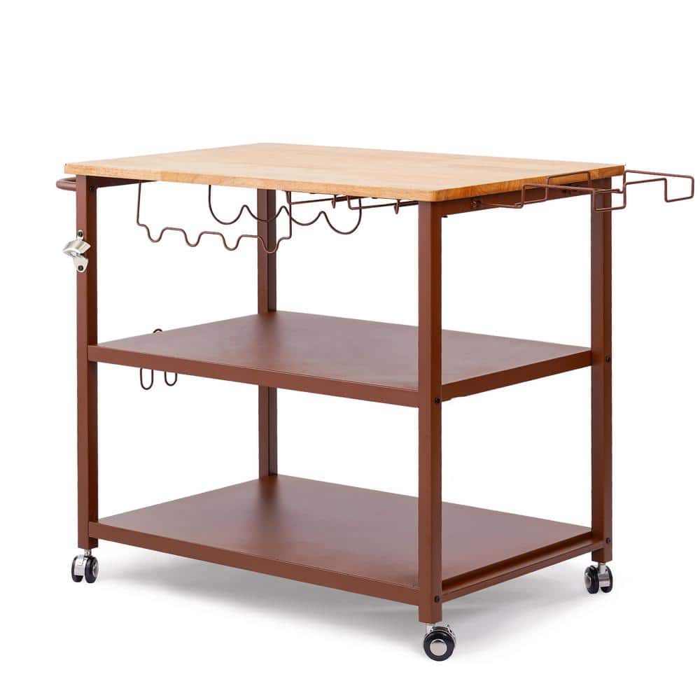 Cesicia 35.5 in. W Natural Wood DeskTop Brown Kitchen Cart on 4 Wheels