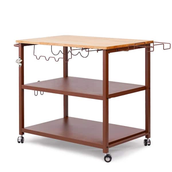 Cesicia 35.5 in. W Natural Wood DeskTop Brown Kitchen Cart on 4 Wheels with Removable Storage Shelf and Towel Rack