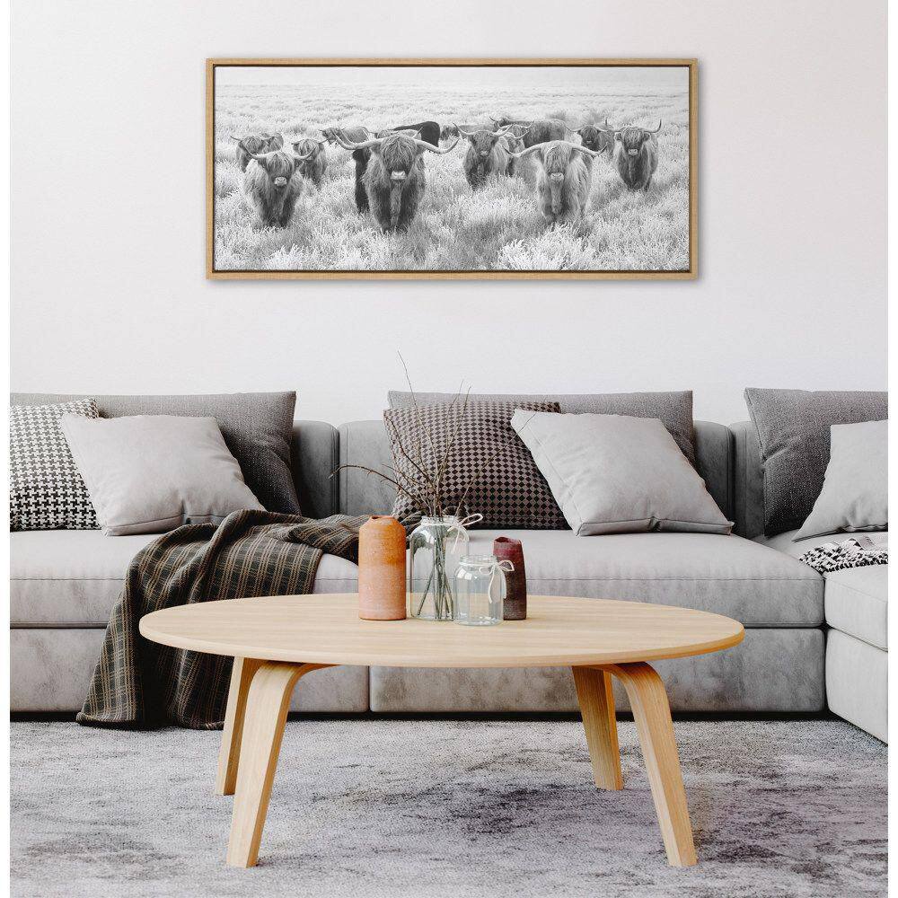 Herd of Highland Cows Black and White Canvas Print with Natural Frame