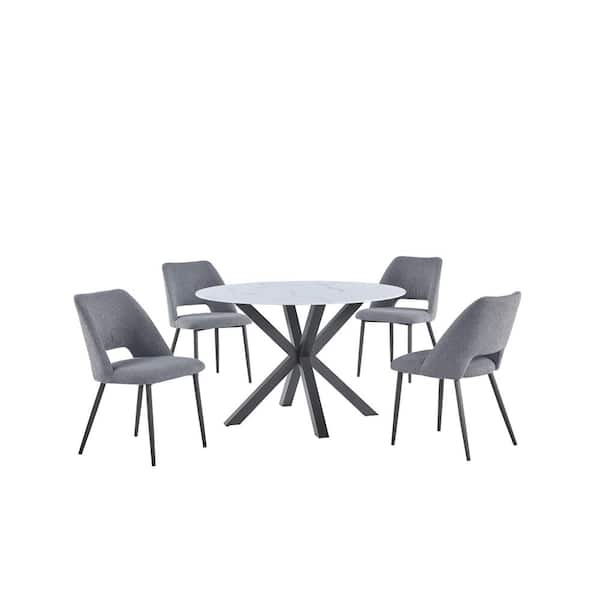 Best Quality Furniture Martina 5-Piece White Round Marble Wrap Glass Top Iron Metal Frame Dining Set with 4 Grey Polar Fleece Chairs