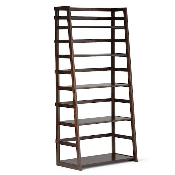 Simpli Home Acadian Solid Wood 63 in. x 30 in. Rustic Ladder Shelf Bookcase in Tobacco Brown