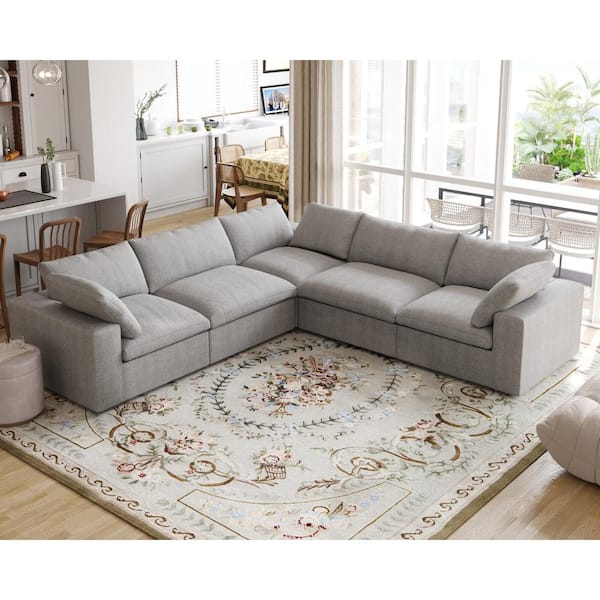 Magic Home 120 in. Free Combination Large 5-Seat L-shape Corner Modular Linen Flannel Upholstered Sectional Sofa with Ottoman, Gray