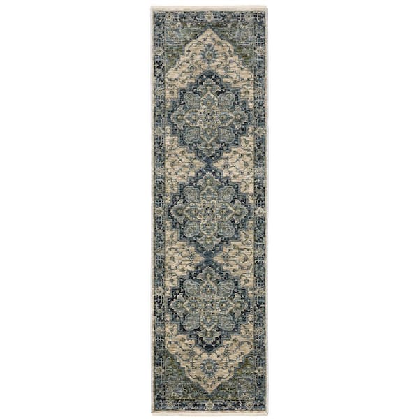 AVERLEY HOME Ambrose Blue/Beige 2 ft. x 8 ft. Center Oriental Medallion Polyester Fringe Edge Indoor Runner Area Rug