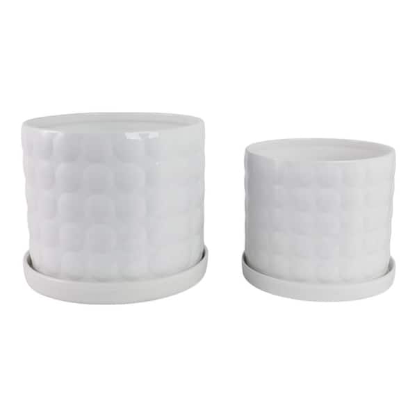 10 in. and 12 in. White Ceramic Bubble Decorative Planters with Drainage Tray (Set of 2)