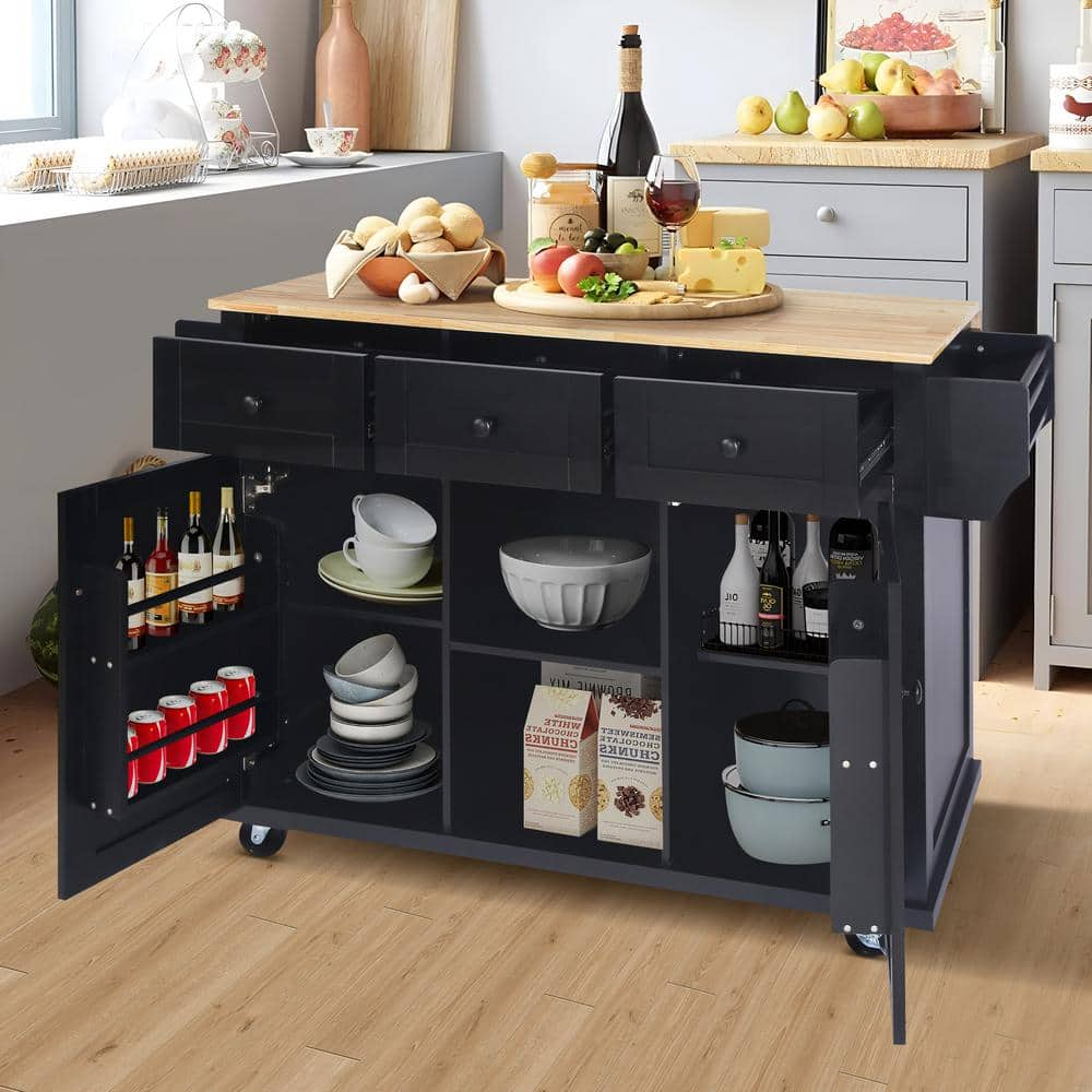 Nestfair Black Wood 53 in. W Kitchen Island with Spice Rack and Towel Holder