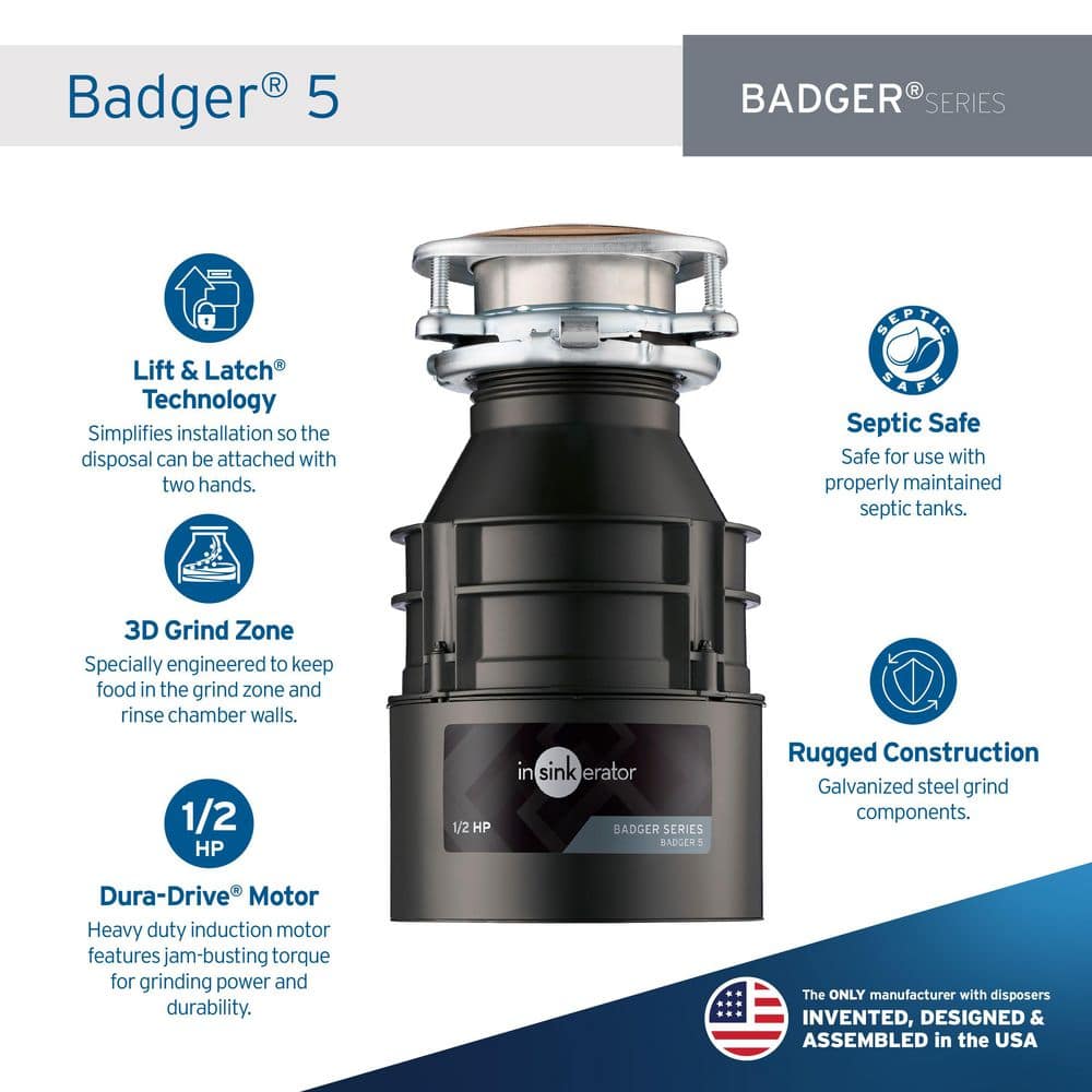 Badger Series 1/2 HP Continuous Feed Garbage Disposal in Gray Enamel