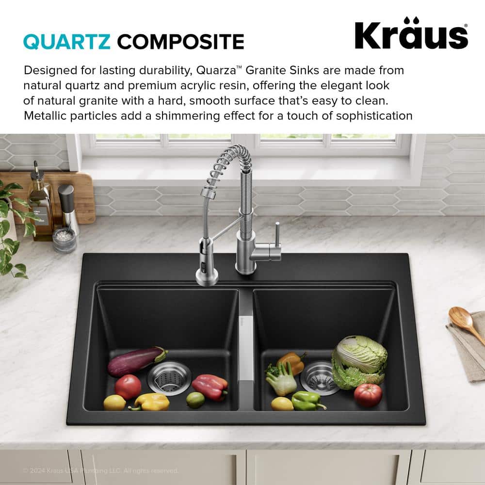 33-Inch Black Granite Double Bowl Drop-In Kitchen Sink