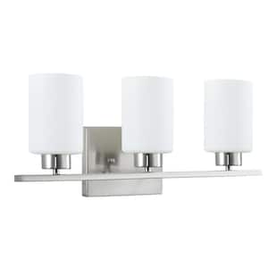 22 in. 3-light Brushed Nickel Modern Cylinder Wall Bathroom Vanity Light with Frosted Glass Shade