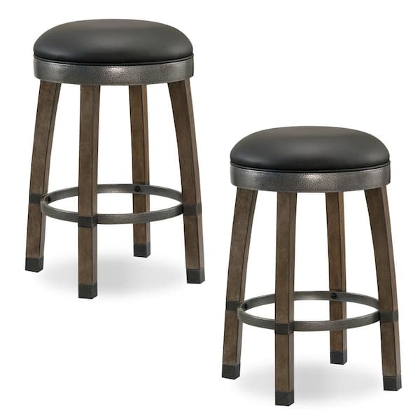 Leick Home Favorite Finds Graystone Wood Cask Stave Counter Height Stool with Black Faux Leather Seat (Pack of 2)