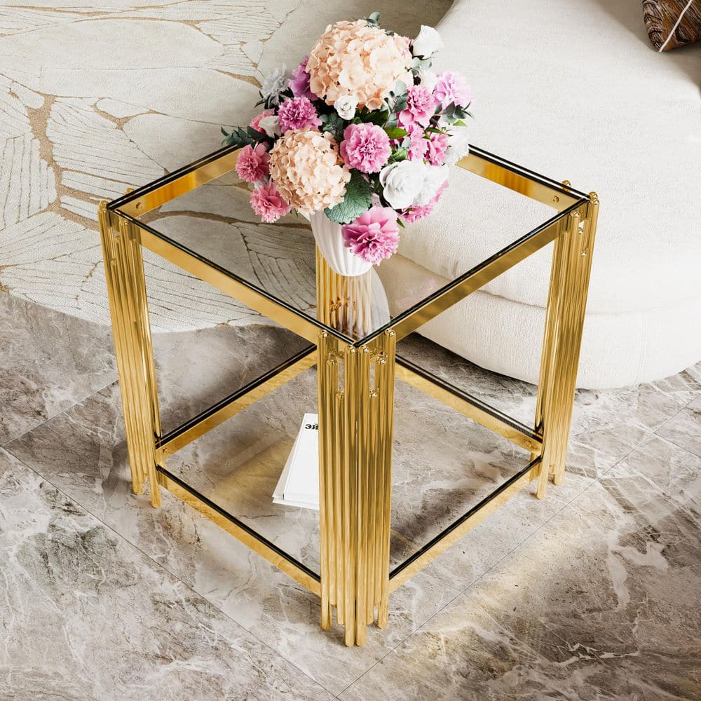 Modern 19.9 in. Transparent Square Glass Top Coffee Table End Table with Gold Finish and Lower Shelf price history on PriceWatchPro