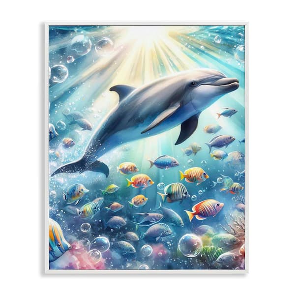 Dolphin Among Sea Life by LSR Design Studio White Framed Coastal Giclee Art Print 20 in. x 16 in.